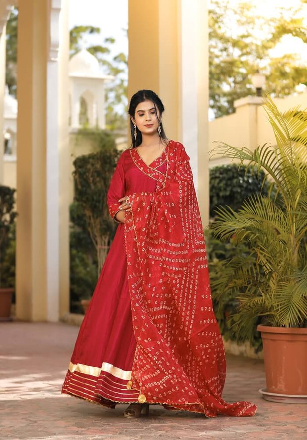 Red Bandhani Printed Embellished Cotton Suit Set – Gatim Fashions